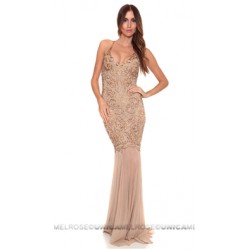 Baccio Couture Gold Nude Mady Painted Long Dress
