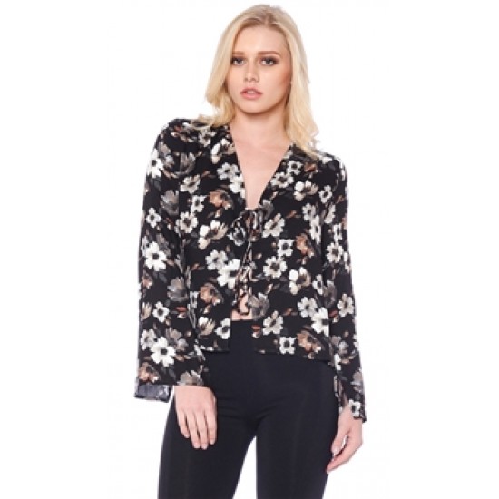 Olivaceous Brownstone Floral Lace-Up Top