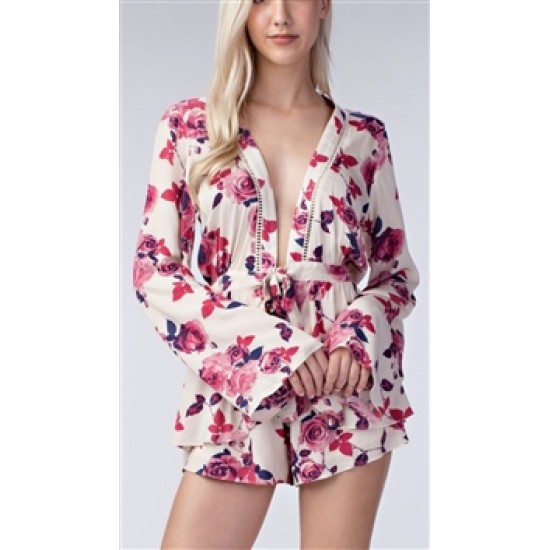 Honey Punch Cream \'Floral\' Long Sleeve Romper