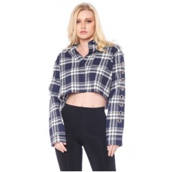 Honey Punch Navy Cropped Flannel Button Up