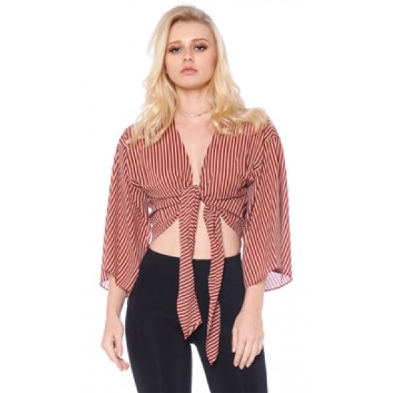 Honey Belle Wine Striped Center Tie Top