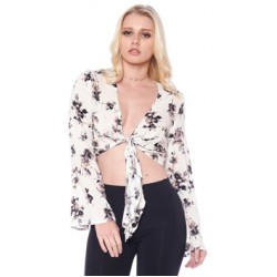 Honey Punch Floral Ivory Long Sleeve Crop Top