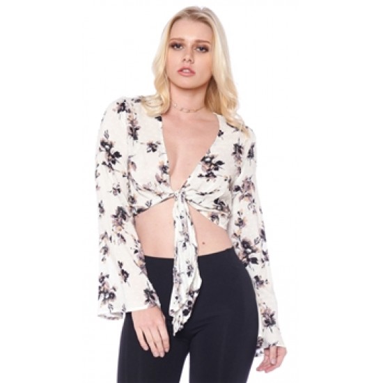 Honey Punch Floral Ivory Long Sleeve Crop Top