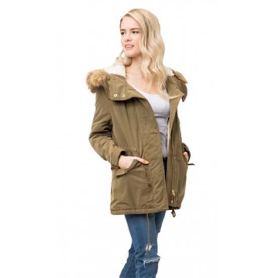 Love Tree Olive Fur Rimmed Sherpa Lined Hooded Zip Up Jacket