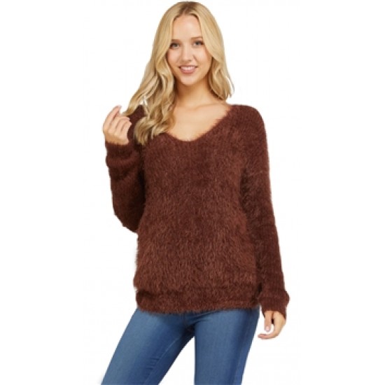 Love Tree Cocoa Low Twist Knotted Fuzzy Sweater Top