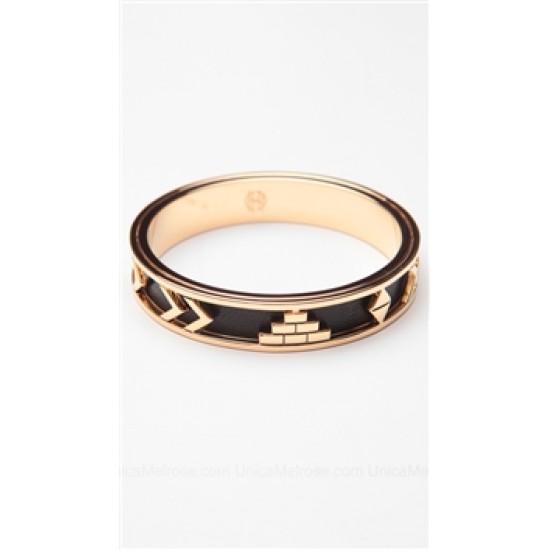 House of Harlow 14kt Yellow Gold Plated Aztec Bangle with Black Leather