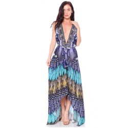 Parides Blue Jay Feather Print 3 Way Maxi Dress