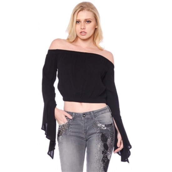 Blue Blush Black Off-Shoulder Flare Sleeve Top