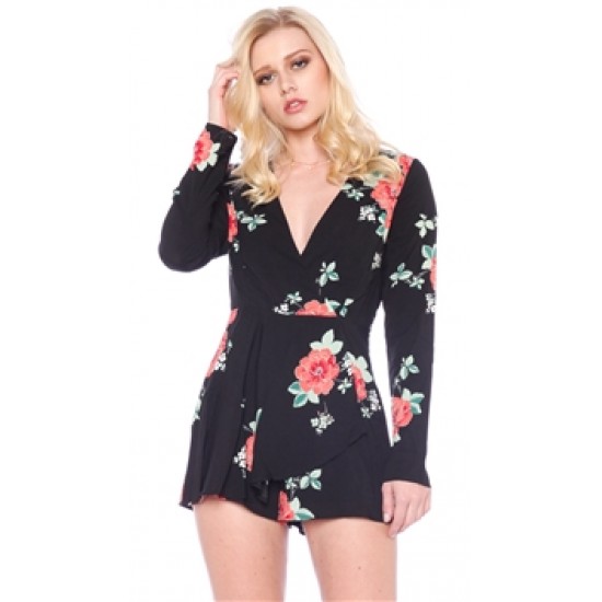 Cotton Candy LA Black Long Sleeve Floral Romper