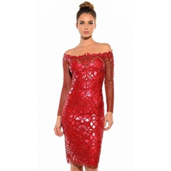 Ema Savahl Red \'Mediterranean Tile\' Long Sleeve Knee Length Dress