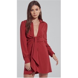 Blue Blush Wine Front Detailed Low Neck Long Sleeve Button Down Shirt Dress