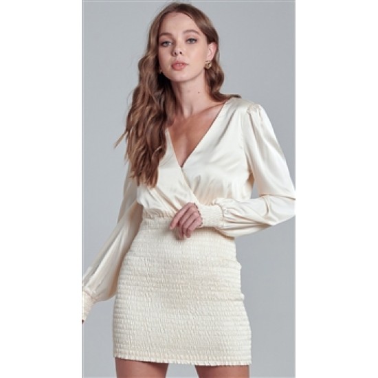 Blue Blush Cream Smocked Ruffled Bottom Bubble Sleeve Mini Dress