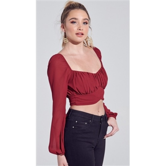 Blue Blush Burgundy Chiffon Bubble Sleeve Back Tie Crop Top