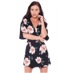 Honey Belle Vintage Black Printed Deep V Mini Dress