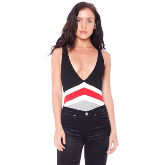 Makers of Dreams Gray/Black/Red Deep V Striped Bodysuit