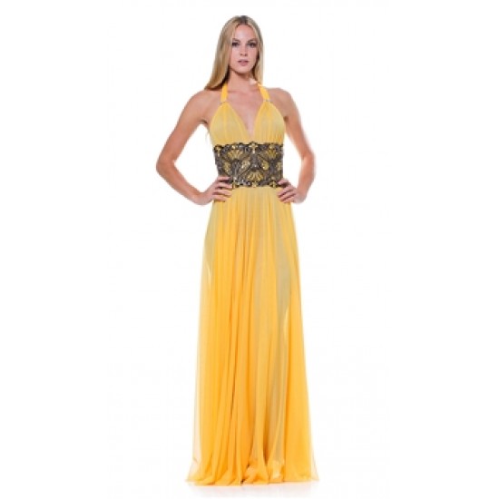 Baccio Couture Yellow Lily Bandage Hand Painted Maxi Dress