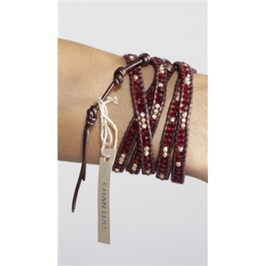 Chan Luu Brown Leather Bracelet with red & white stones
